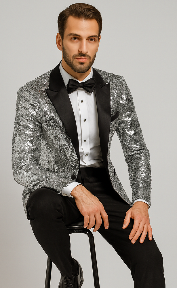 Men’s Sparkling Silver Sequin Tuxedo – Black Satin Lapel