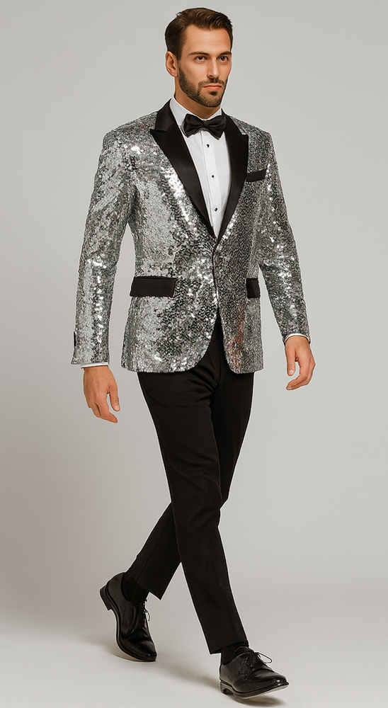 Men’s Sparkling Silver Sequin Tuxedo – Black Satin Lapel