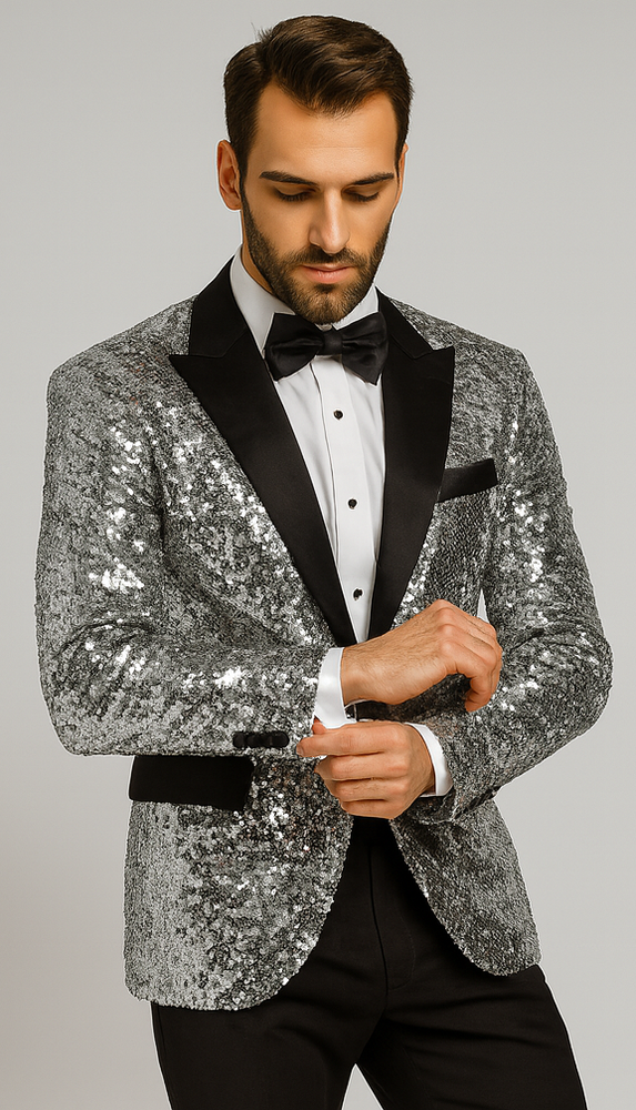 Men’s Sparkling Silver Sequin Tuxedo – Black Satin Lapel