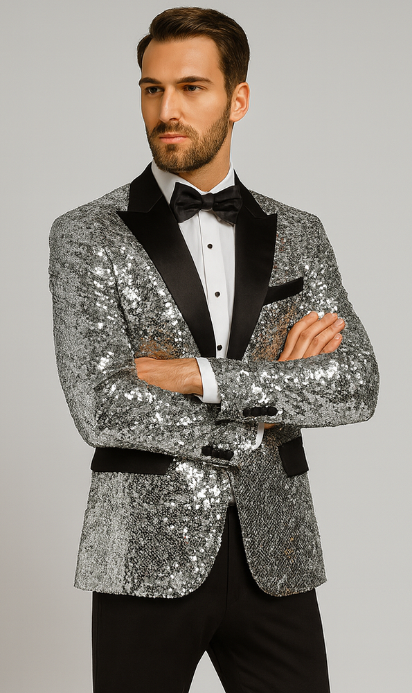Men’s Sparkling Silver Sequin Tuxedo – Black Satin Lapel