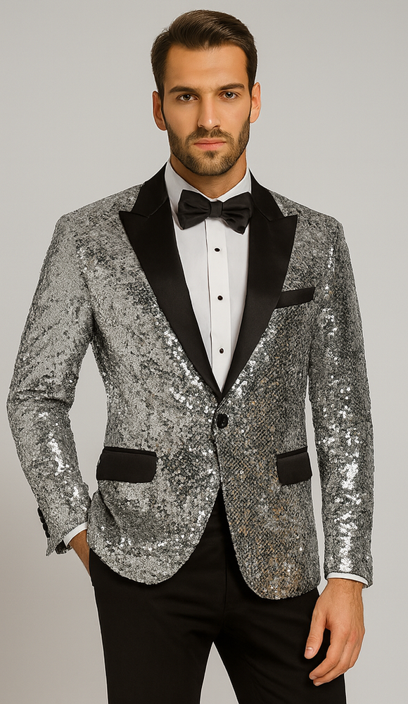 Men’s Sparkling Silver Sequin Tuxedo – Black Satin Lapel