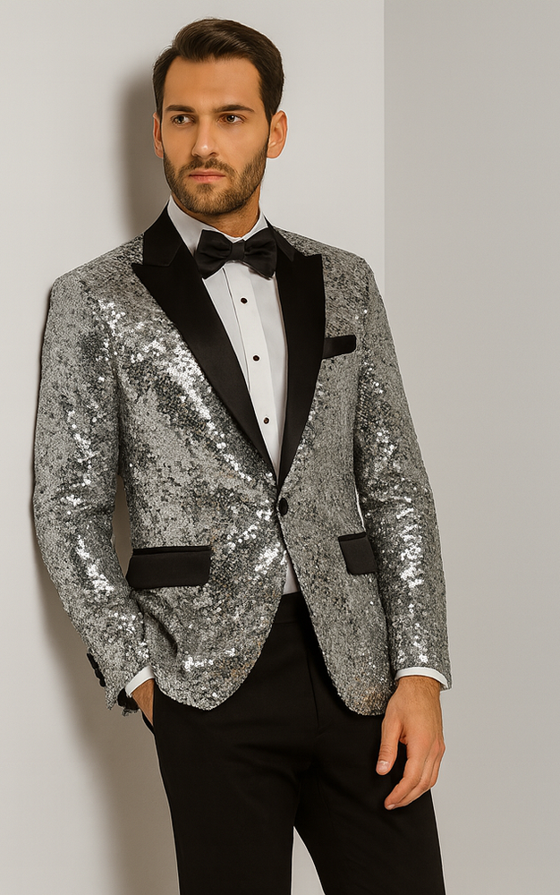 Men’s Sparkling Silver Sequin Tuxedo – Black Satin Lapel