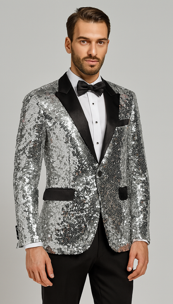 Men’s Sparkling Silver Sequin Tuxedo – Black Satin Lapel