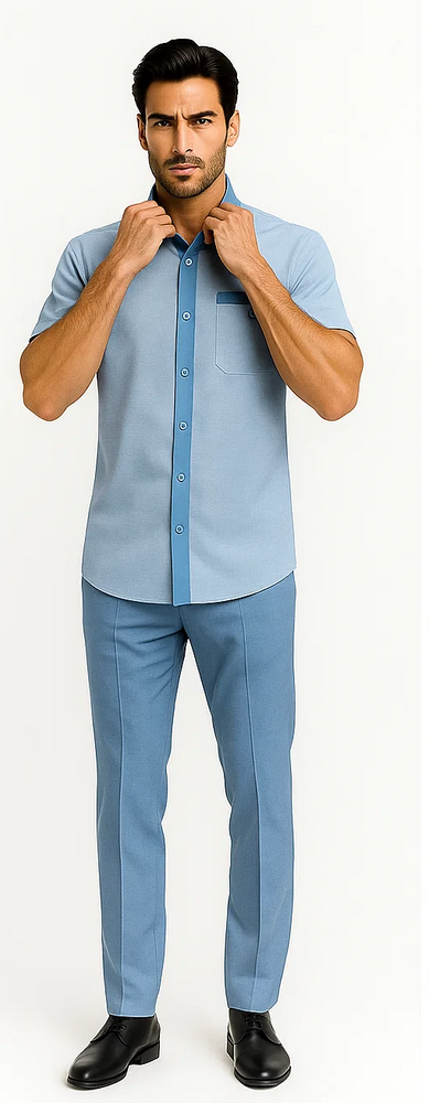 Men’s Houndstooth Walking Suit by Dreams by Zacchi – 2 Piece Lei sure Set in Sky Blue- $99