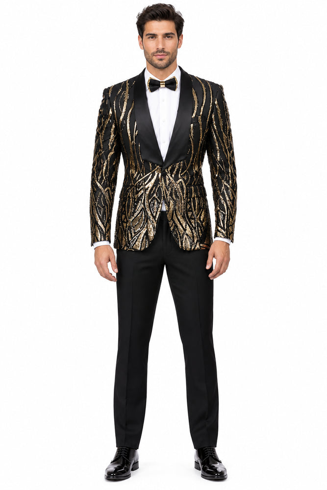 Men's EJ Samuel Shawl Lapel Black & Gold Sequin Formal Tuxedo Jacket