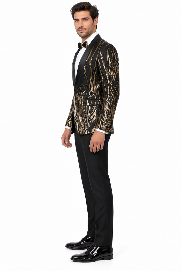 Men's EJ Samuel Shawl Lapel Black & Gold Sequin Formal Tuxedo Jacket