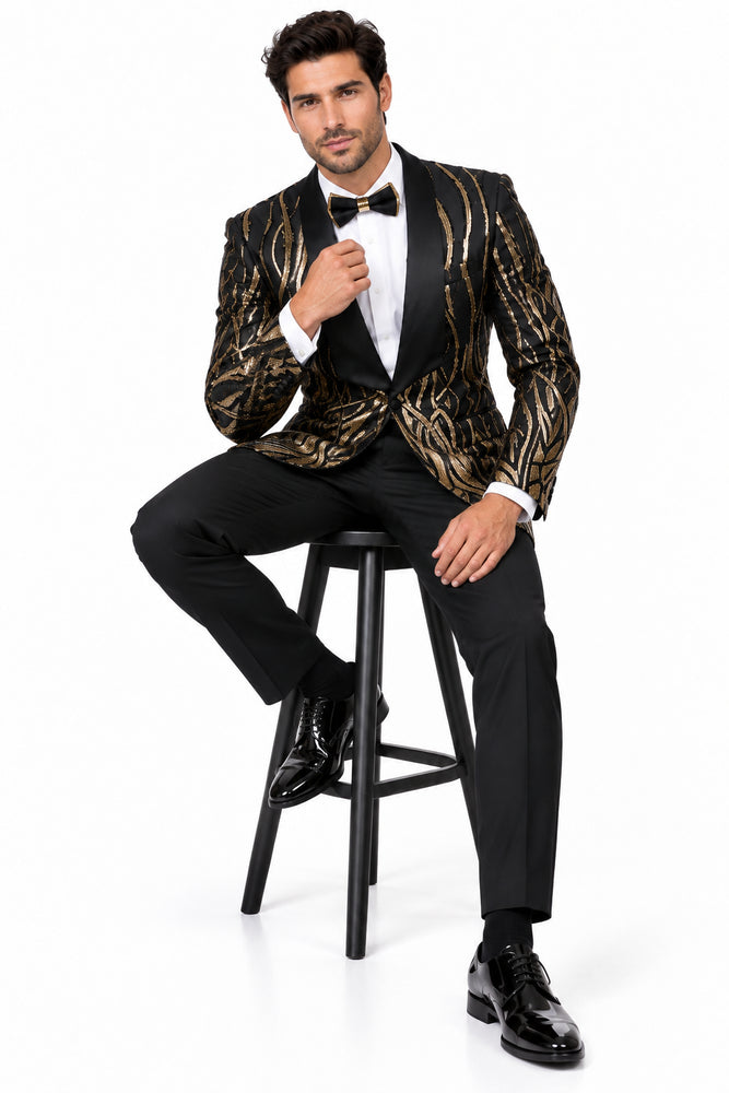 Men's EJ Samuel Shawl Lapel Black & Gold Sequin Formal Tuxedo Jacket