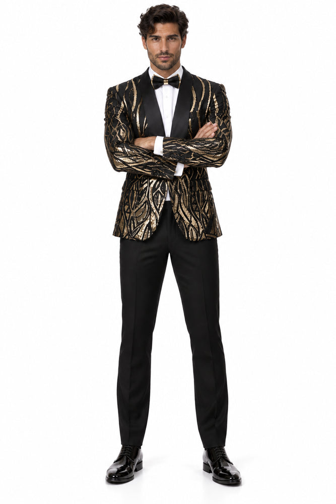 Men's EJ Samuel Shawl Lapel Black & Gold Sequin Formal Tuxedo Jacket