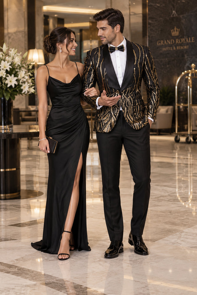 Men's EJ Samuel Shawl Lapel Black & Gold Sequin Formal Tuxedo Jacket