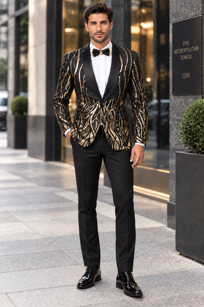 Men's EJ Samuel Shawl Lapel Black & Gold Sequin Formal Tuxedo Jacket