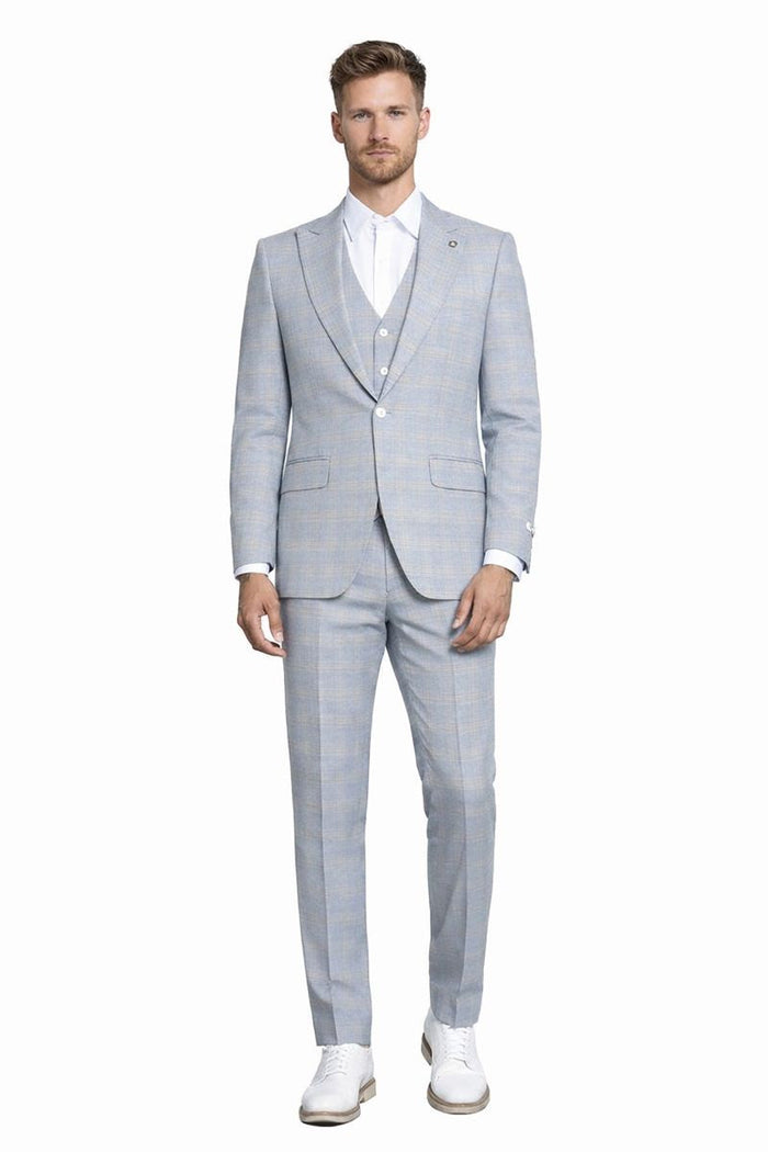 Men's Stacy Adams Vested Peak Lapel Baby Blue Plaid Prom & Wedding Suit