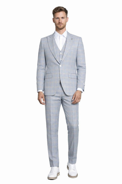 Men's Stacy Adams Vested Peak Lapel Baby Blue Plaid Prom & Wedding Suit