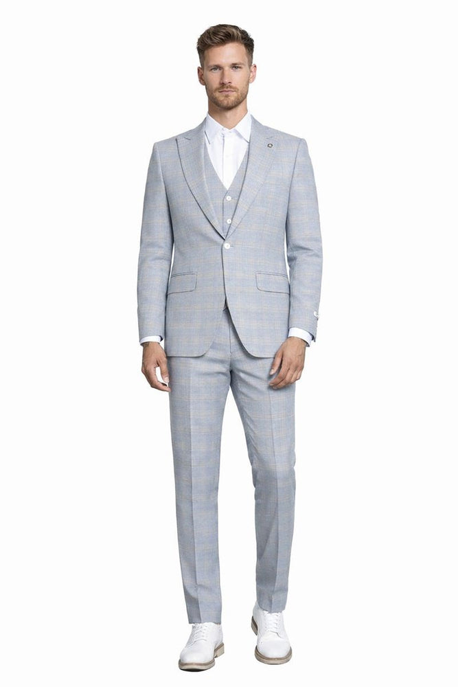 Men's Stacy Adams Vested Peak Lapel Baby Blue Plaid Prom & Wedding Suit