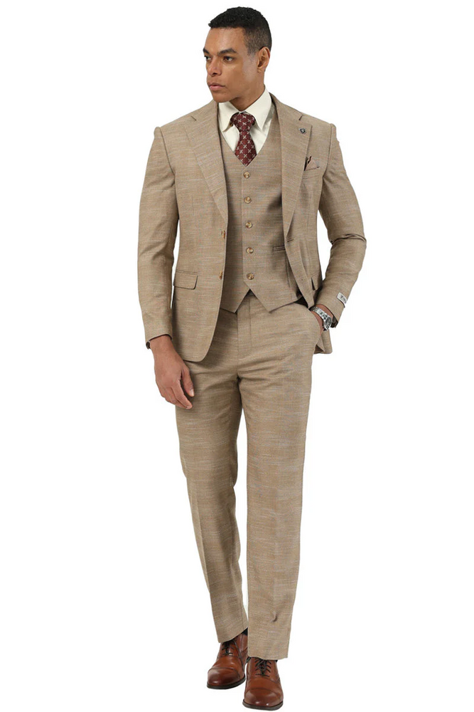 Marc Darcy Wedding Suits Men's Stacy Adams Vested Sharkskin Pattern Business Suit in Tan