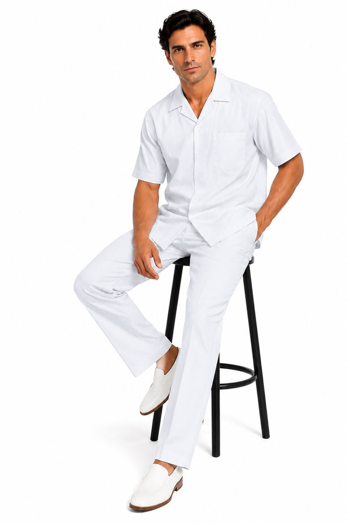 Men's Suit 100% Mens Linen Suit - Fabric Short sleeve shirt & pants â€“ Snow WhiteWalking Leisure Suit
