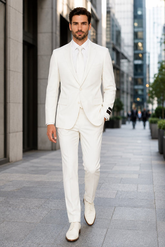 Tiglio Italian Suit - Real Wool Fabric Super 150's Novello Off-White, Modern Fit Suit in Color Off-White