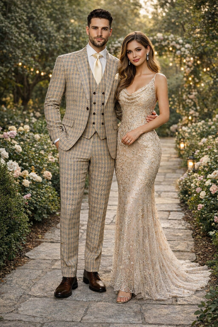 Mens Rossiman Tan Plaid 3-Piece Vested Suit – Classic Tailored Fit
