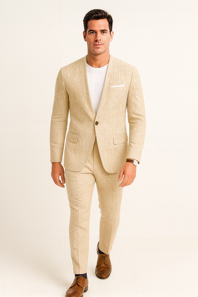 Tan Linen Suit For Summer - Collarless Blazer and Pants Collarless Lapel - No Lapel Casual!