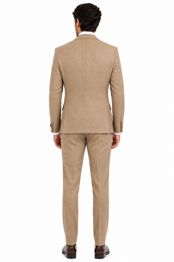 Men’s Tan Plaid 3-Piece Tailored Fit Suit with Vest