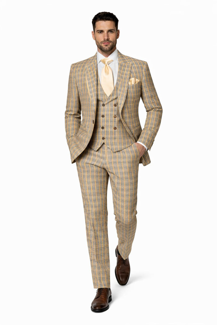 Mens Rossiman Tan Plaid 3-Piece Vested Suit – Classic Tailored Fit
