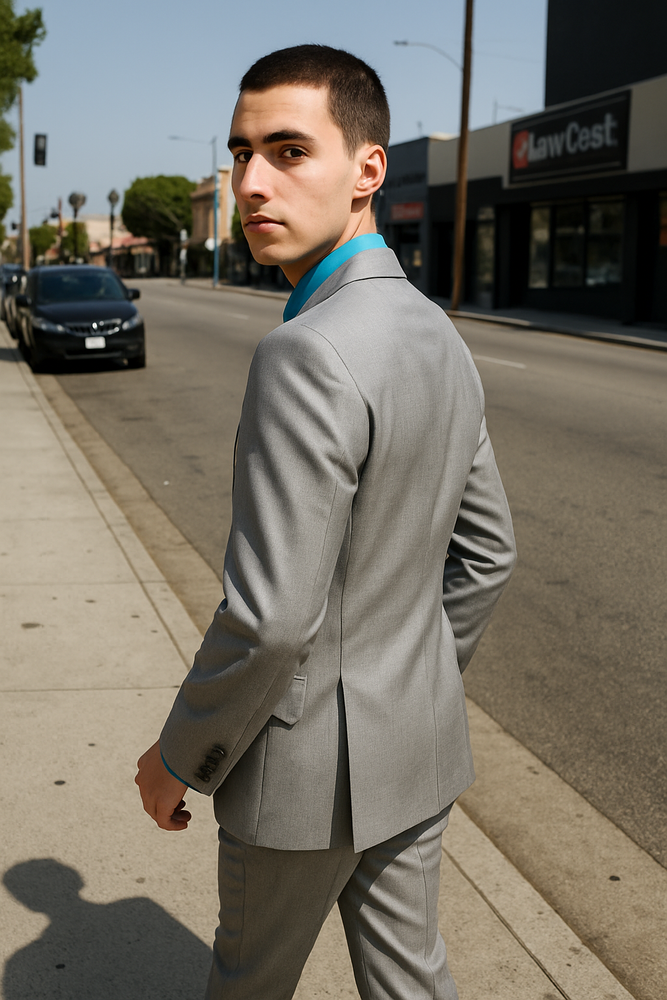 Men's Tazio Light Grey ~ Gray with Blue Plaid Slim Fit Small Lapel Suit Skinny Suit