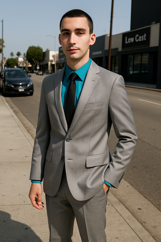 Men's Tazio Light Grey ~ Gray with Blue Plaid Slim Fit Small Lapel Suit Skinny Suit