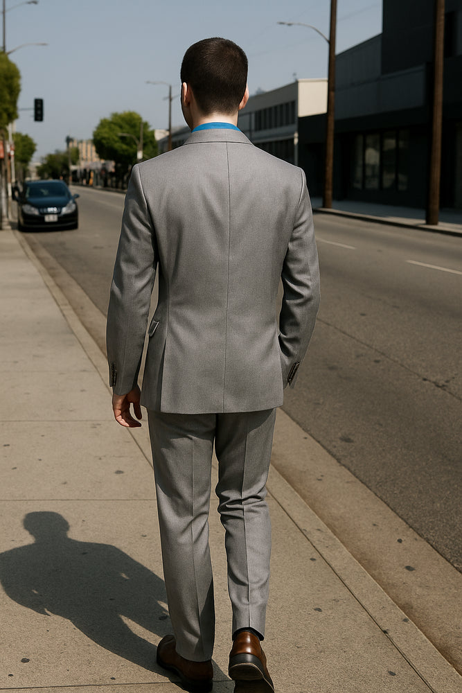 Men's Tazio Light Grey ~ Gray with Blue Plaid Slim Fit Small Lapel Suit Skinny Suit