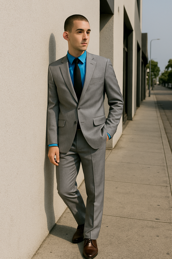 Men's Tazio Light Grey ~ Gray with Blue Plaid Slim Fit Small Lapel Suit Skinny Suit