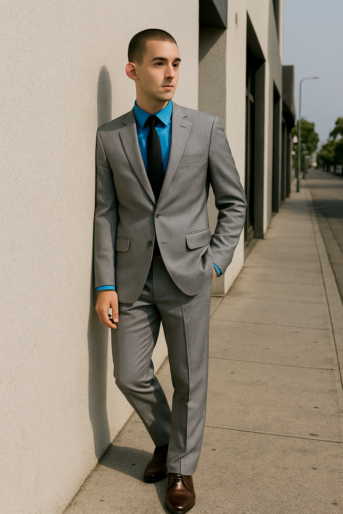 Men's Tazio Light Grey ~ Gray with Blue Plaid Slim Fit Small Lapel Suit Skinny Suit