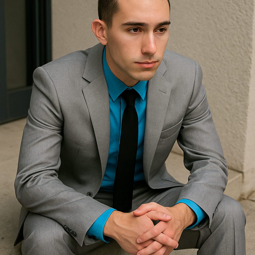 Men's Tazio Light Grey ~ Gray with Blue Plaid Slim Fit Small Lapel Suit Skinny Suit