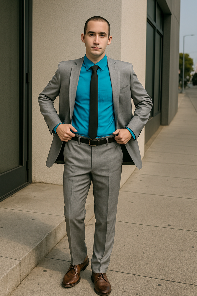 Men's Tazio Light Grey ~ Gray with Blue Plaid Slim Fit Small Lapel Suit Skinny Suit