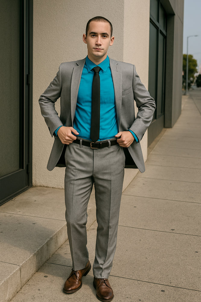 Men's Tazio Light Grey ~ Gray with Blue Plaid Slim Fit Small Lapel Suit Skinny Suit