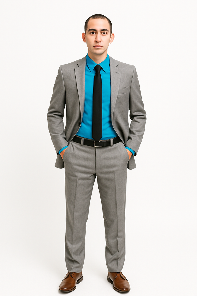 Men's Tazio Light Grey ~ Gray with Blue Plaid Slim Fit Small Lapel Suit Skinny Suit