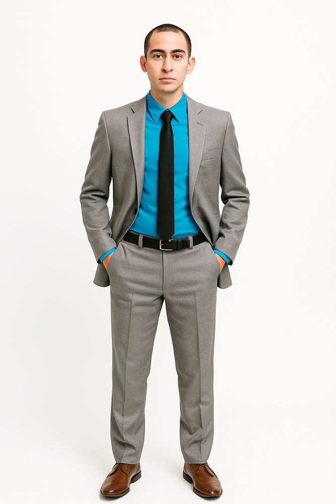 Men's Tazio Light Grey ~ Gray with Blue Plaid Slim Fit Small Lapel Suit Skinny Suit