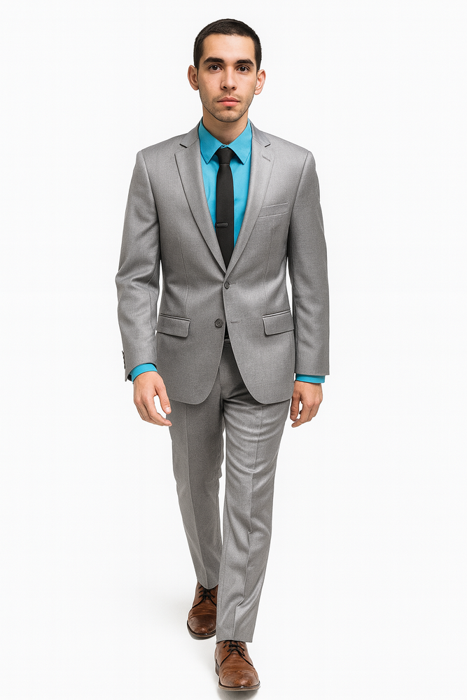 Men's Tazio Light Grey ~ Gray with Blue Plaid Slim Fit Small Lapel Suit Skinny Suit