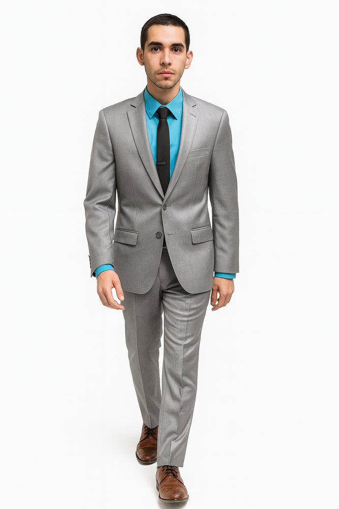 Men's Tazio Light Grey ~ Gray with Blue Plaid Slim Fit Small Lapel Suit Skinny Suit