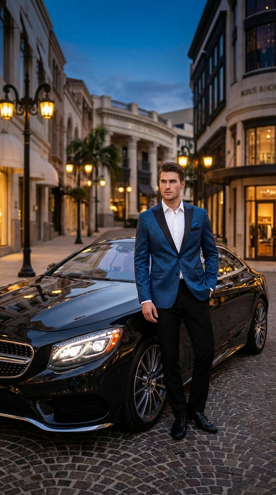 Mens Teal Blue Jacquard Paisley Blazer – Black Peak Lapel Formal Dinner Jacket Slim Fit