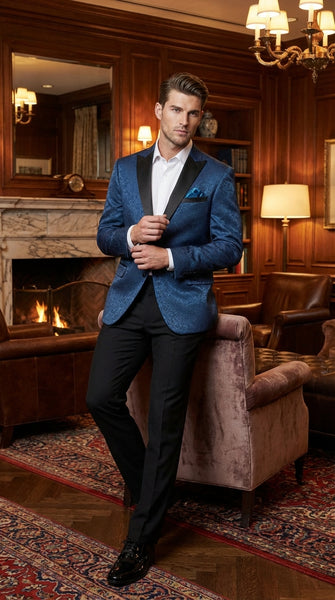 Mens Teal Blue Jacquard Paisley Blazer – Black Peak Lapel Formal Dinner Jacket Slim Fit
