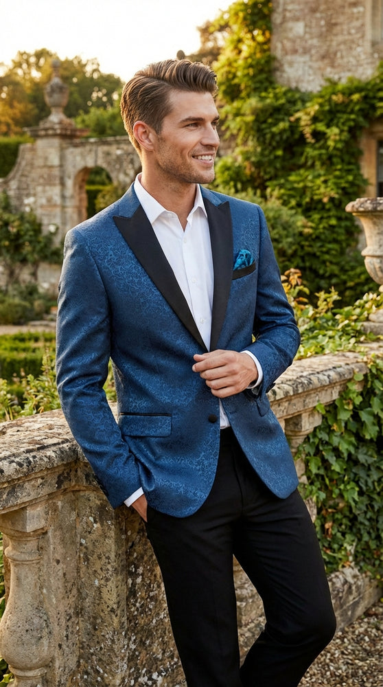 Mens Teal Blue Jacquard Paisley Blazer – Black Peak Lapel Formal Dinner Jacket Slim Fit