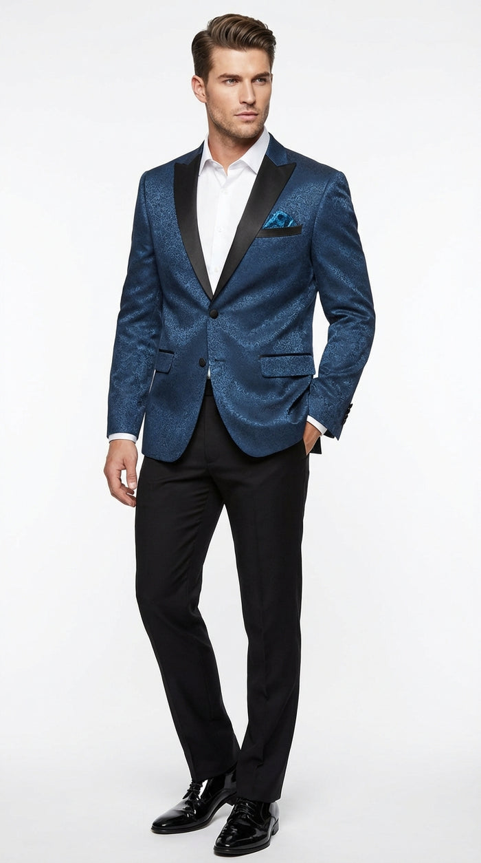 Mens navy Jacquard Paisley Blazer – Black Peak Lapel Formal Dinner Jacket Slim Fit