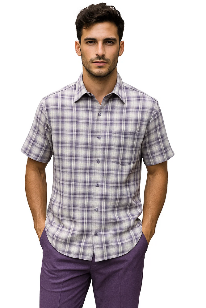 Men's Textured Plaid Walking Suit in Lavender/Off White by Dreams by Zacchi – 2 Piece Leisure Outfit with Matching Shirt and Pants - $99
