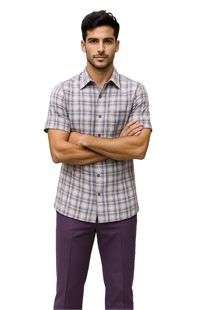 Men's Textured Plaid Walking Suit in Lavender/Off White by Dreams by Zacchi – 2 Piece Leisure Outfit with Matching Shirt and Pants - $99