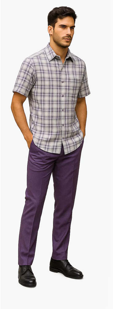 Men's Textured Plaid Walking Suit in Lavender/Off White by Dreams by Zacchi – 2 Piece Leisure Outfit with Matching Shirt and Pants - $99