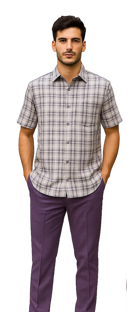 Men's Textured Plaid Walking Suit in Lavender/Off White by Dreams by Zacchi – 2 Piece Leisure Outfit with Matching Shirt and Pants - $99