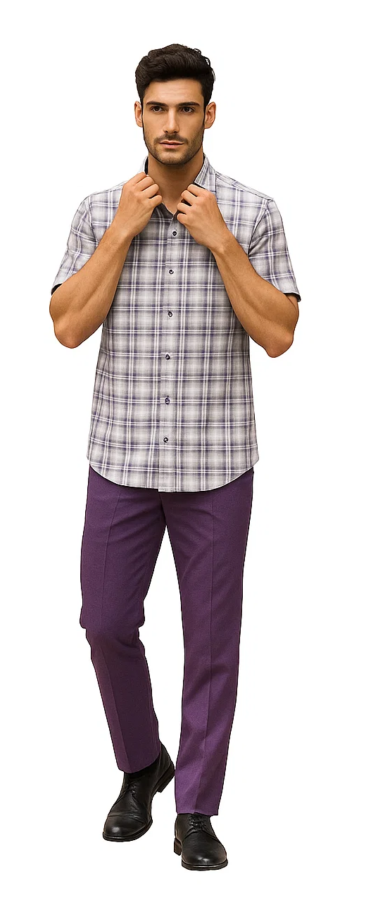 Men's Textured Plaid Walking Suit in Lavender/Off White by Dreams by Zacchi – 2 Piece Leisure Outfit with Matching Shirt and Pants - $99
