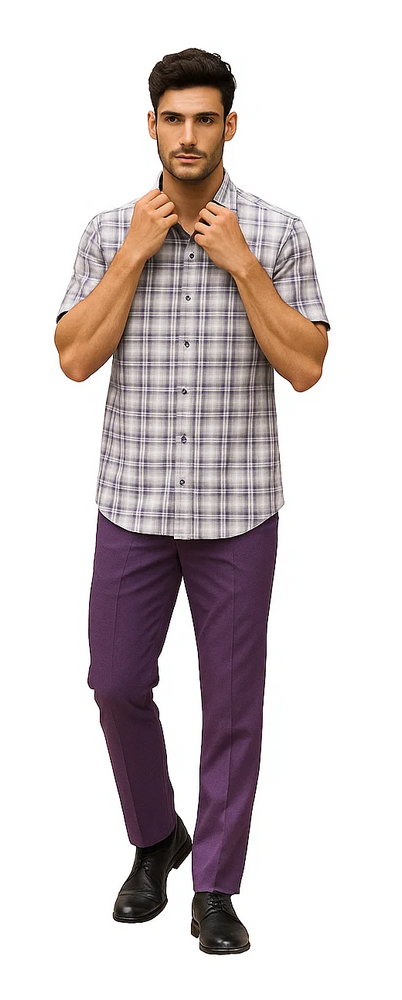 Men's Textured Plaid Walking Suit in Lavender/Off White by Dreams by Zacchi – 2 Piece Leisure Outfit with Matching Shirt and Pants - $99