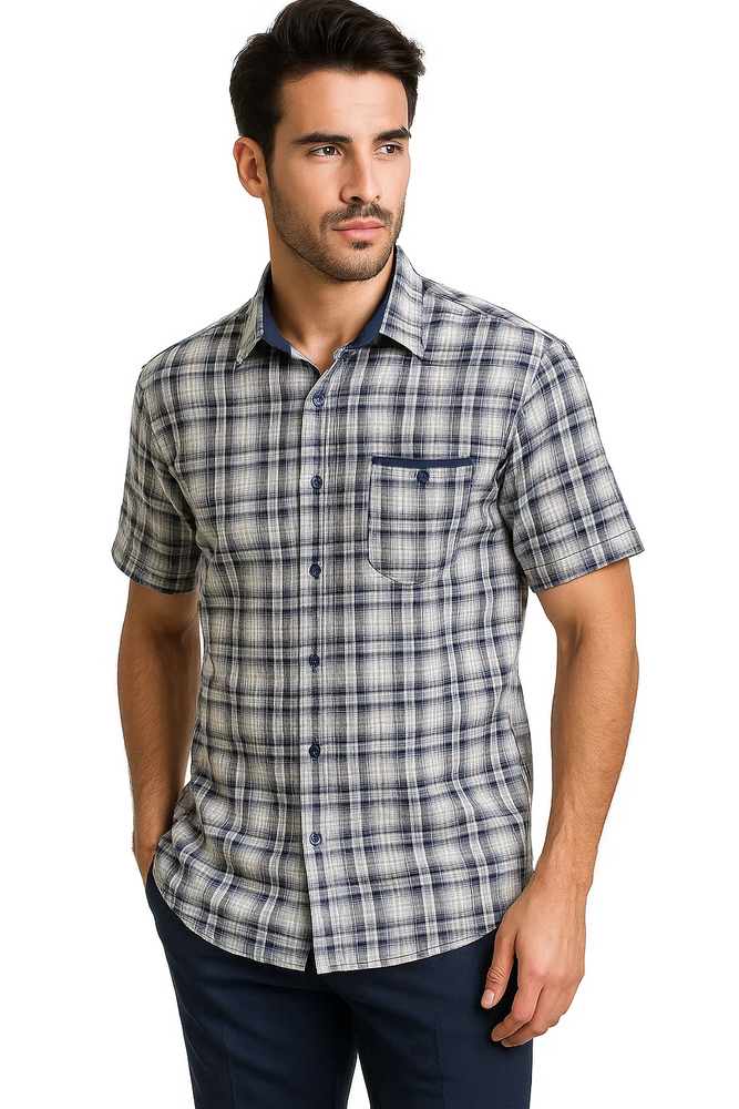 Mens Textured Plaid Walking Suit in Navy/white by Dreams by Zacchi – 2 Piece Leisure Outfit with matching shirt and pant -$99