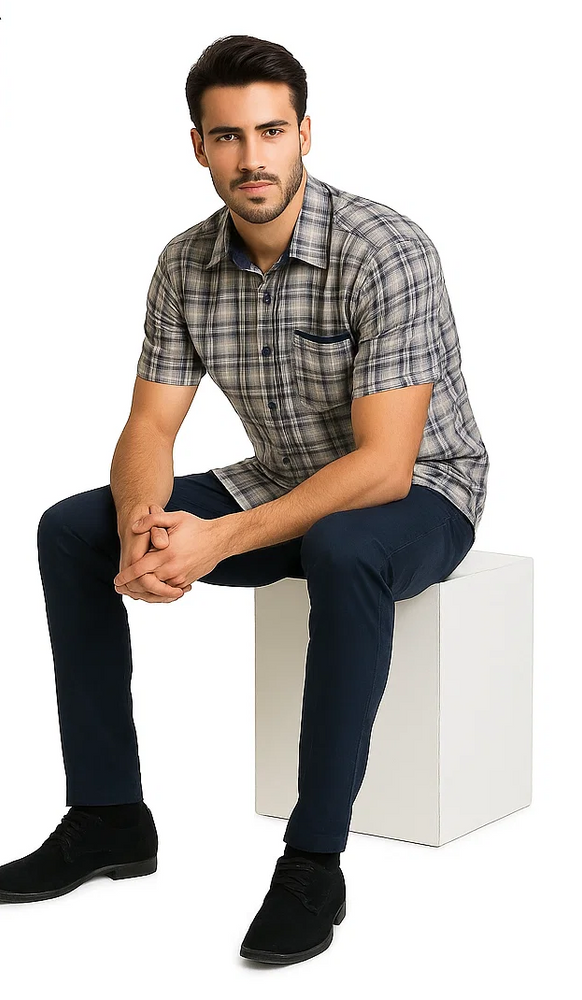 Mens Textured Plaid Walking Suit in Navy/white by Dreams by Zacchi – 2 Piece Leisure Outfit with matching shirt and pant -$99