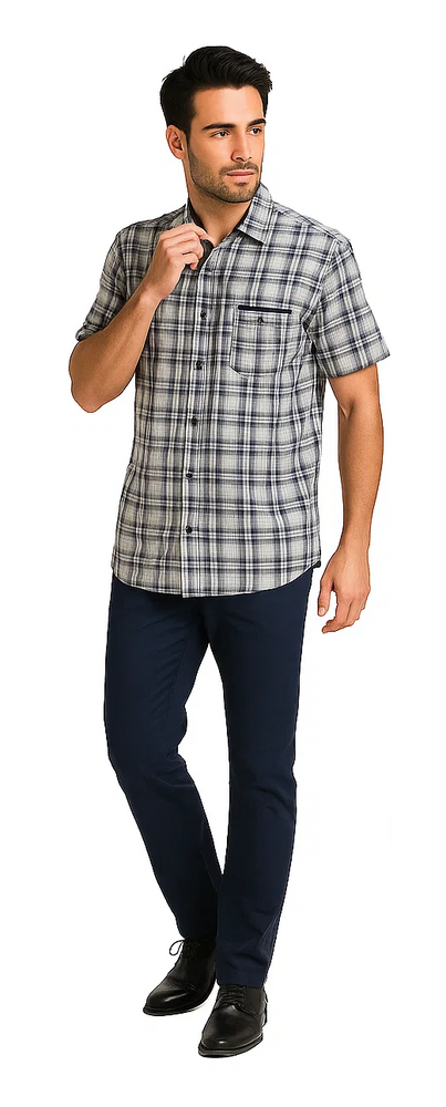 Mens Textured Plaid Walking Suit in Navy/white by Dreams by Zacchi – 2 Piece Leisure Outfit with matching shirt and pant -$99