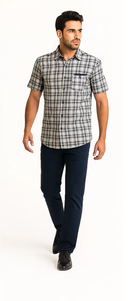 Mens Textured Plaid Walking Suit in Navy/white by Dreams by Zacchi – 2 Piece Leisure Outfit with matching shirt and pant -$99